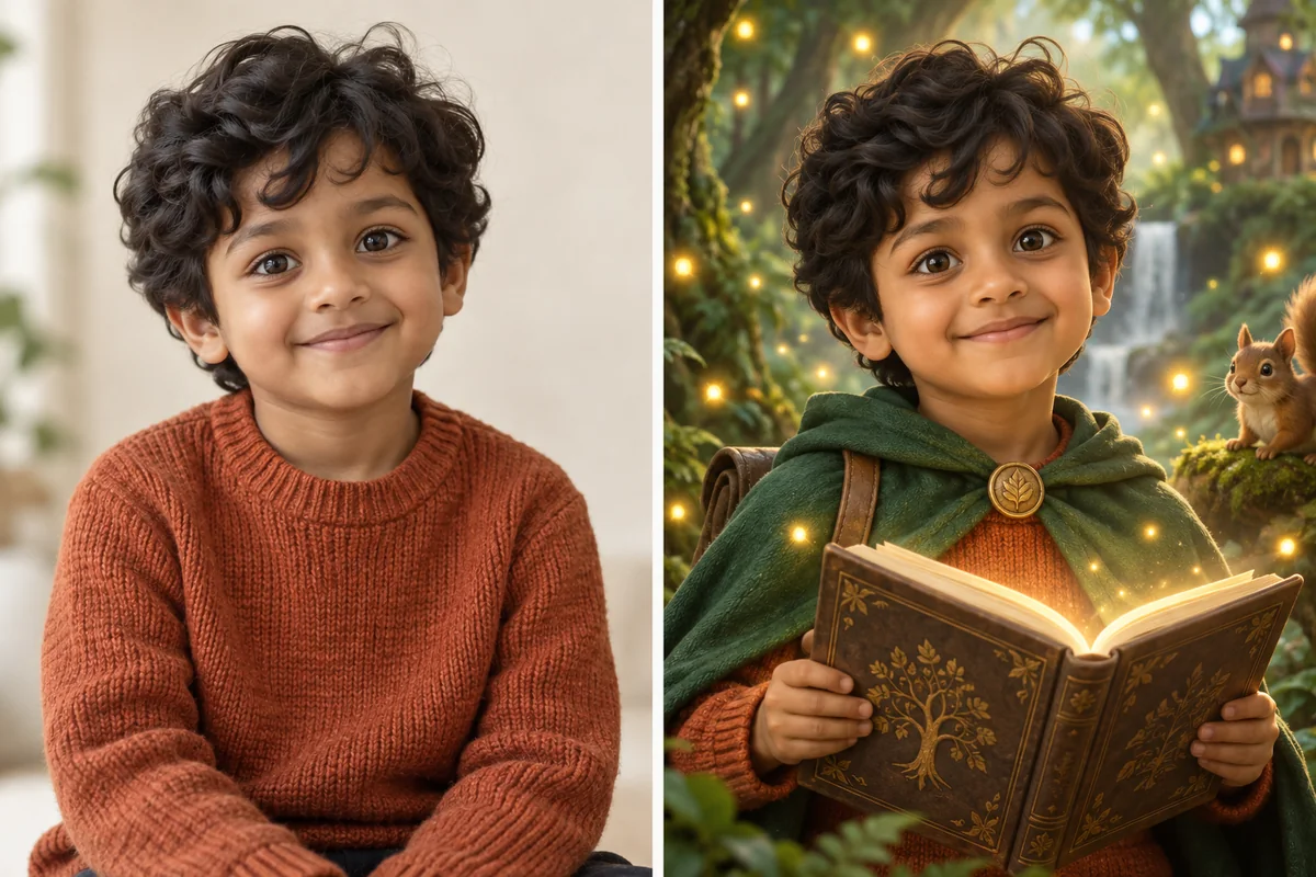 Illustrative example: a fictional child's portrait becomes a recognizable storybook explorer with the same face and curly hair